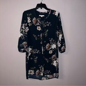 Dark emerald green slip long sleeve dress with white and pink flowers c&e small